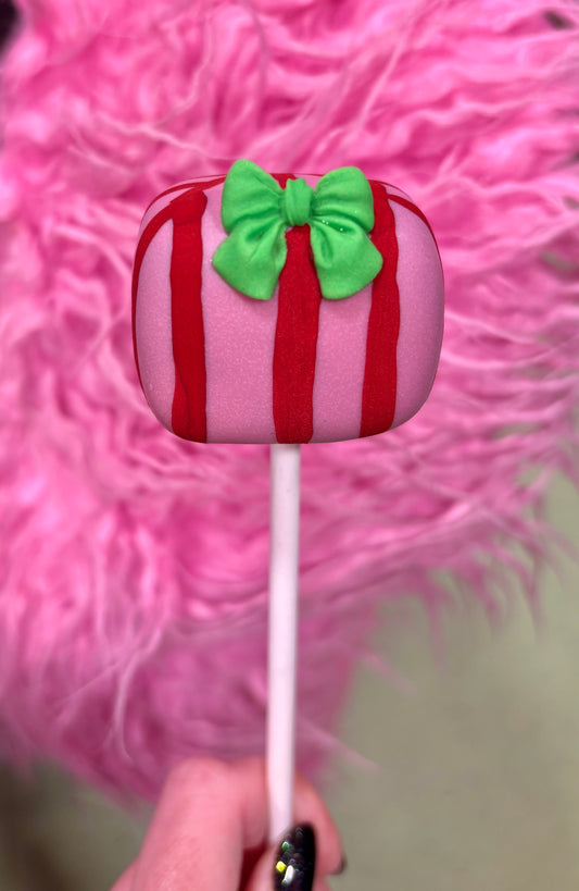 Christmas Present Cake Pop Pink and Red Stripes with Bow